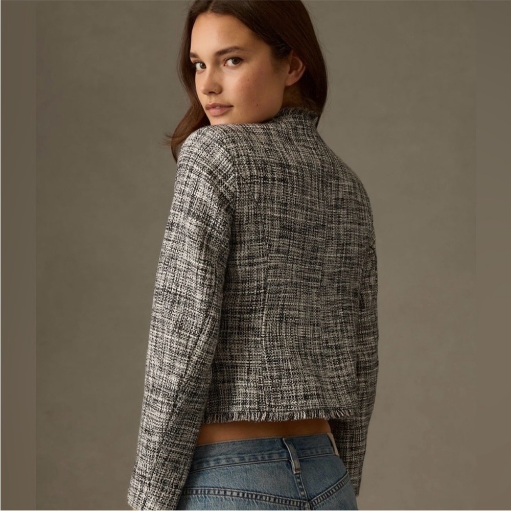 Maeve Anthropologie black white tweed jacket pearl button 2 - Picture 2 of 10